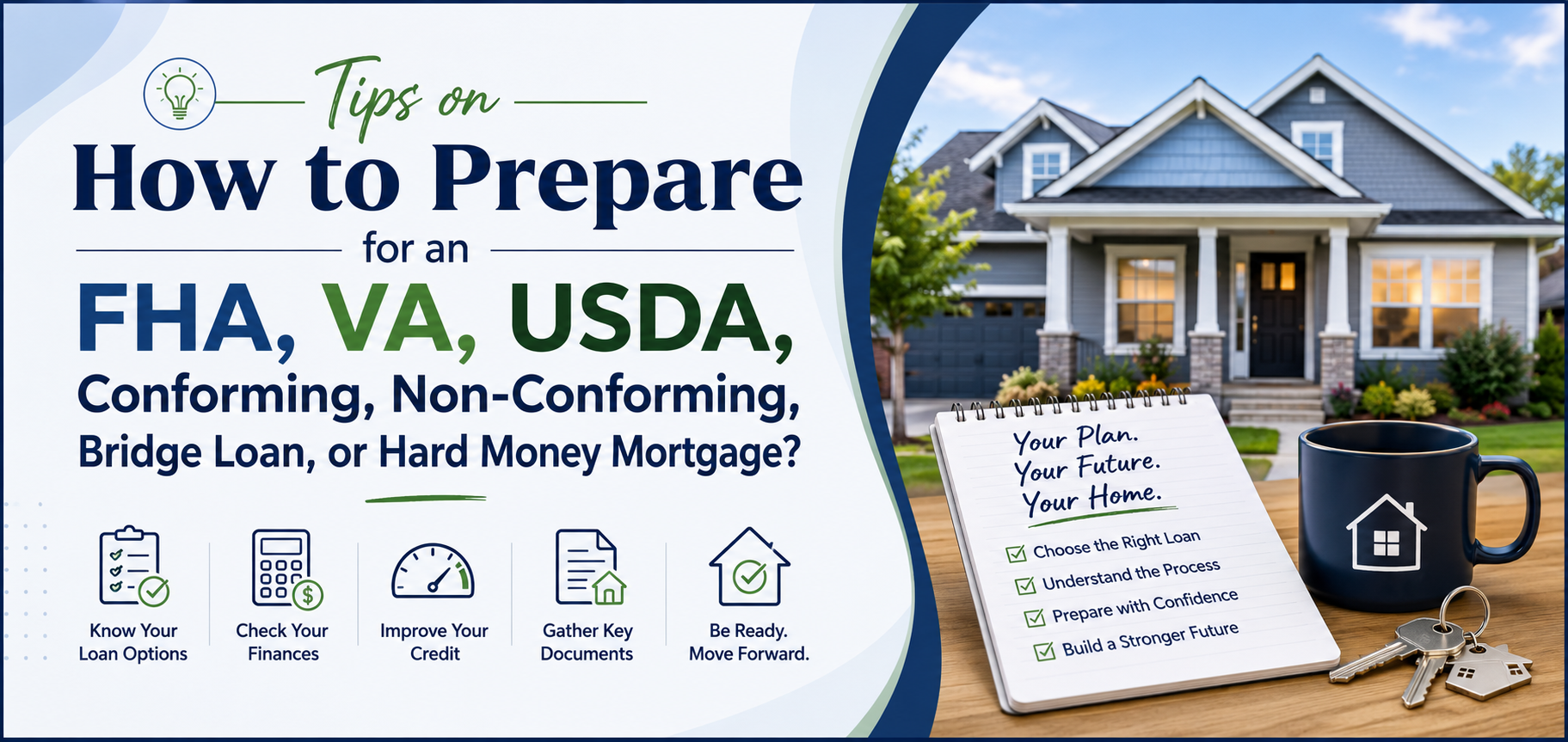 Tips on how to prepare for an FHA, VA, USDA, Conforming, Non-Conforming, Bridge Loan, or Hard Money Mortgage